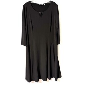 Susan Graver Black Liquid Knit Dress 3/4 A-line Sleeve Keyhole Neck Size‎ L